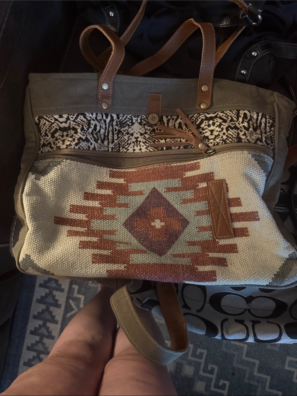 Myra Bag Boho Aztec Canvas Tote in Brown, Tan and Gray